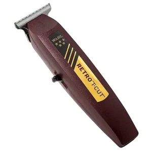 Wahl 5-Star Retro T-Cut Cordless Trimmer with burgundy housing, adjustable T-Wide blade, and ergonomic design, ideal for precision detailing and crisp lines.