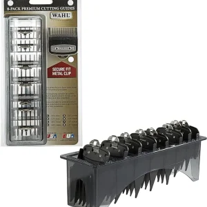 Wahl Premium Clipper Guards with 8 versatile cutting guides and a convenient organizer, designed for professional precision and ease in styling.