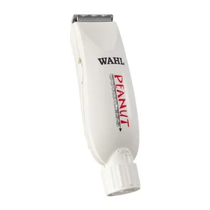 Wahl Cordless Peanut Trimmer with white housing, compact ergonomic design, detachable precision blade, and included accessories, ideal for detailed trimming and grooming.