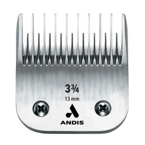 Andis UltraEdge Detachable Blade, Size 3 3/4 Skip Tooth (Item #64133), featuring carbonized steel construction, chrome finish for rust resistance, and compatibility with various Andis clipper models.