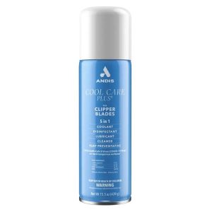 Andis Cool Care Plus 5-in-1 Clipper Spray (Model #12750) – a 15.5 oz aerosol can that cools, disinfects, lubricates, cleans, and prevents rust on clipper and trimmer blades, featuring a high-pressure nozzle to remove hair buildup.