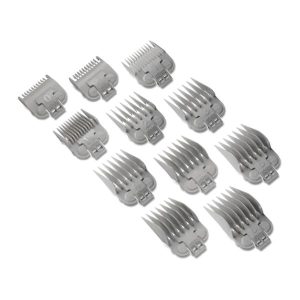 Andis Snap-On Blade Attachment Combs 11-Comb Set (Item #66565), featuring eleven durable hard plastic combs in sizes #0 to #8, compatible with Andis clipper models US-1, LCL, and AAC-1.