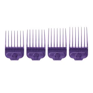 Andis Single Magnetic Comb Set Large (4pcs) – Item #66320, featuring four durable purple combs with magnetic attachment, compatible with Andis clipper models AAC-1, LCL, MC-2, MTC, PM-1, PM-2, PM-3, PM-4, and US-1.