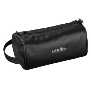 Andis Oval Accessory Bag (Model #12430) – durable black canvas bag measuring 10 inches in length by 6 inches in diameter, designed for storing and transporting clippers, trimmers, brushes, and combs.