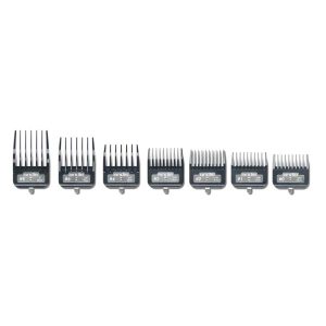Andis Master Premium Metal Clip Comb Set (Model #33645) featuring seven durable metal clip-on combs in sizes 1/16” to 1”, designed for Andis Master clippers.