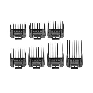 Andis Snap-On Blade Attachment Combs, 7-Comb Set (Item #01380), featuring seven durable plastic combs in sizes #0 to #8, compatible with Andis MBA, ML, and SM clipper models.