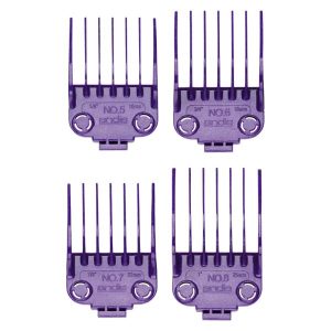 Andis Master Dual Magnet Large 4-Comb Set (Model #01415) featuring sizes 5 (5/8"), 6 (3/4"), 7 (7/8"), and 8 (1") with long-lasting dual magnets, designed for secure and accurate clipper cutting on Andis Master clippers (models ML and MLC).