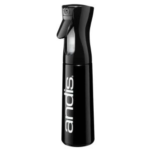 Andis Continuous Mist Spray Bottle - Black (Model #12820) featuring an ergonomic design for consistent, fine mist application, ideal for professional barbers, stylists, and pet groomers.
