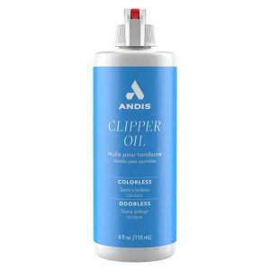 Andis Clipper Oil 4 oz (Model #12108) – a colorless, odorless lubricant designed to reduce friction, prevent rust, and extend the life of clipper blades and shears.