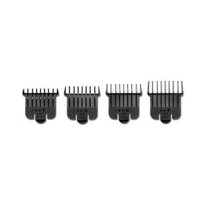 Andis Snap-On Blade Attachment Combs 4-Comb Set (Item #23575), featuring four durable black plastic combs in sizes #0 to #3, compatible with Andis T-blade trimmer models.